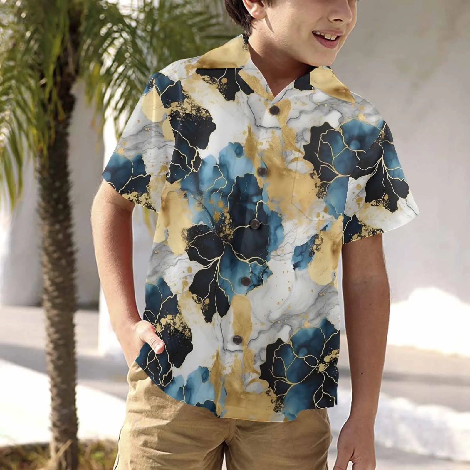 Blue Ink Floral  Little Boys Hawaiian Shirt