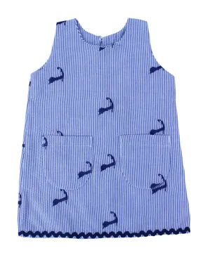 Blue Seersucker Girls Dress with Navy Cape Cods