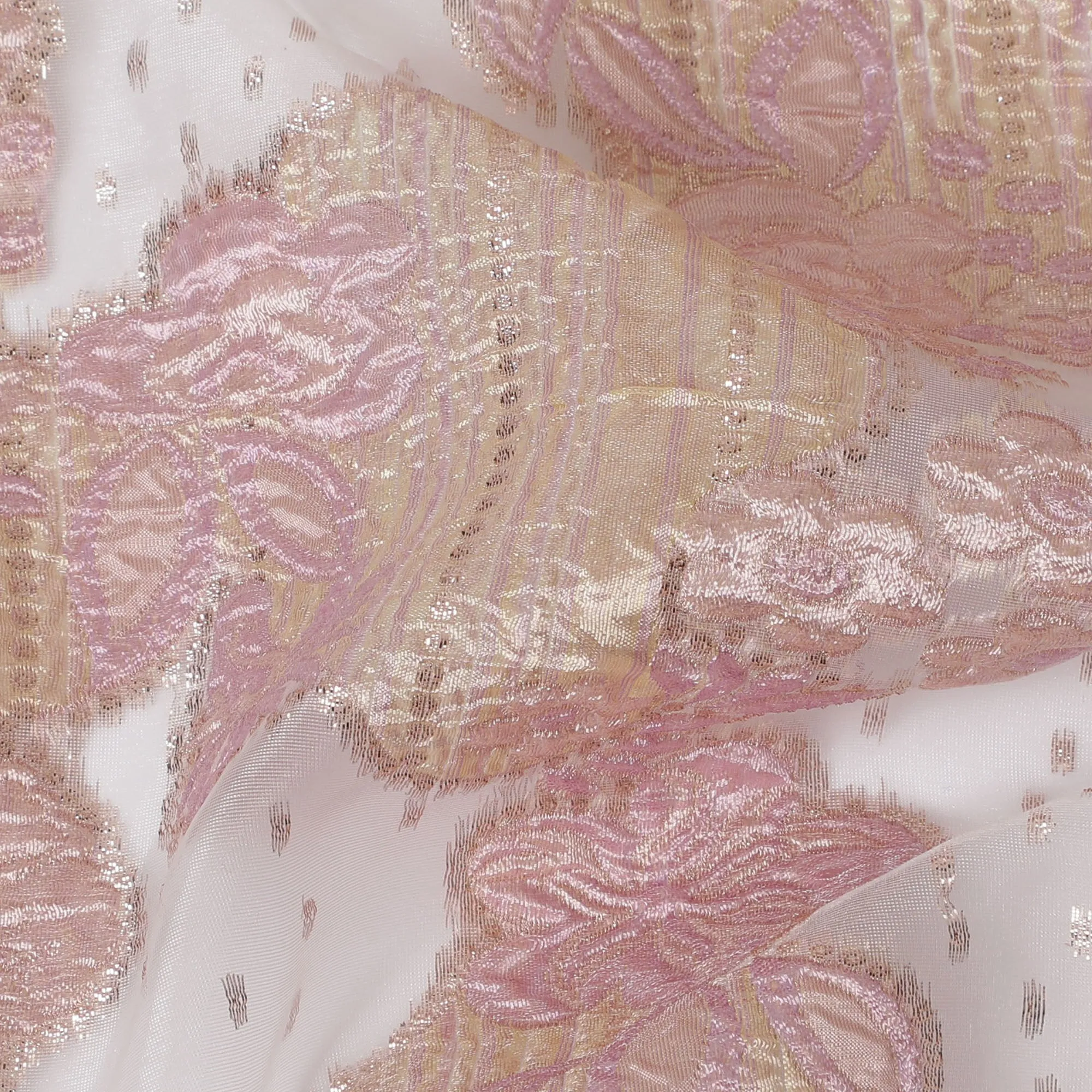 Blush Pink and Gold Synthetic Brocade Fabric with Textured Design - 140 cm Width-D19805