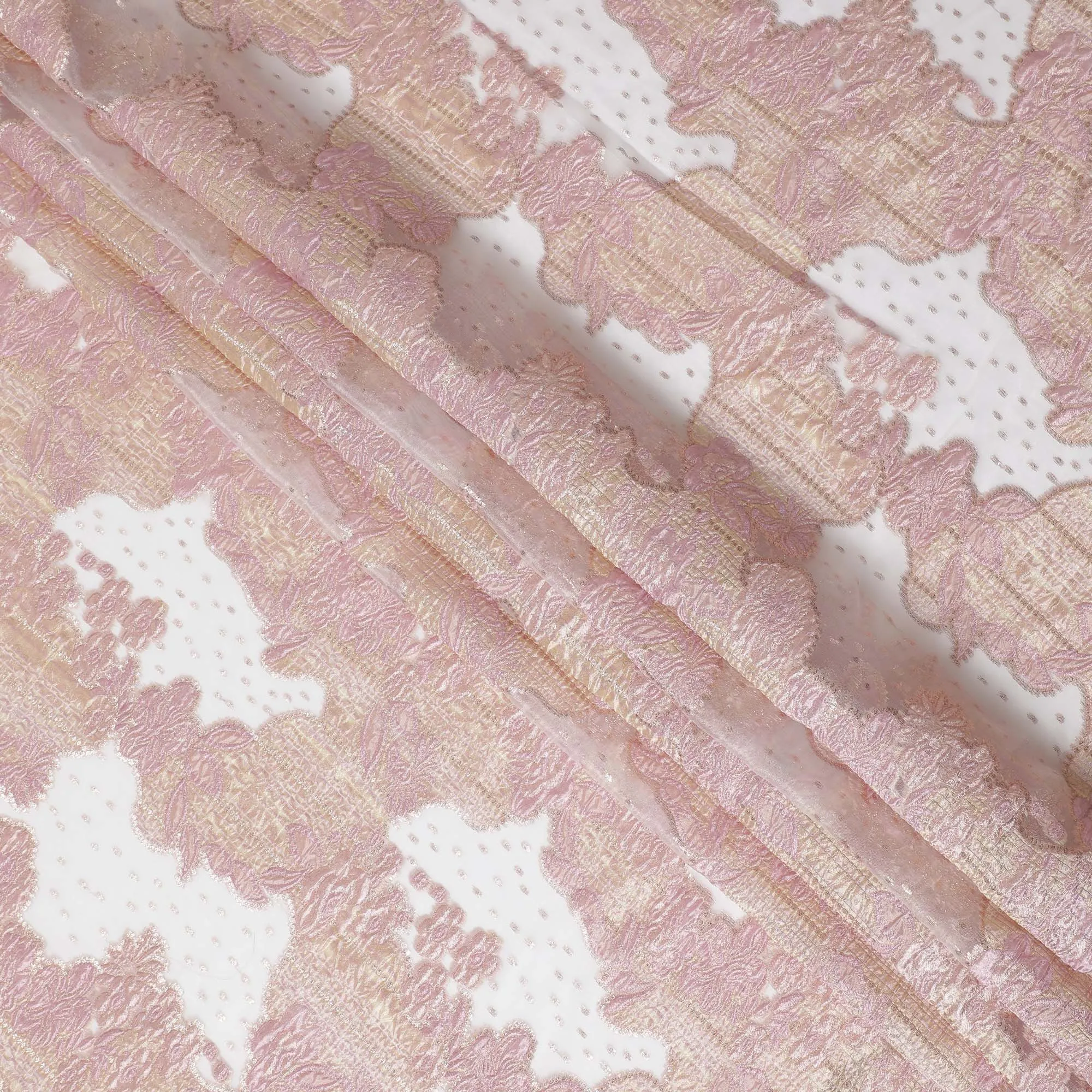 Blush Pink and Gold Synthetic Brocade Fabric with Textured Design - 140 cm Width-D19805