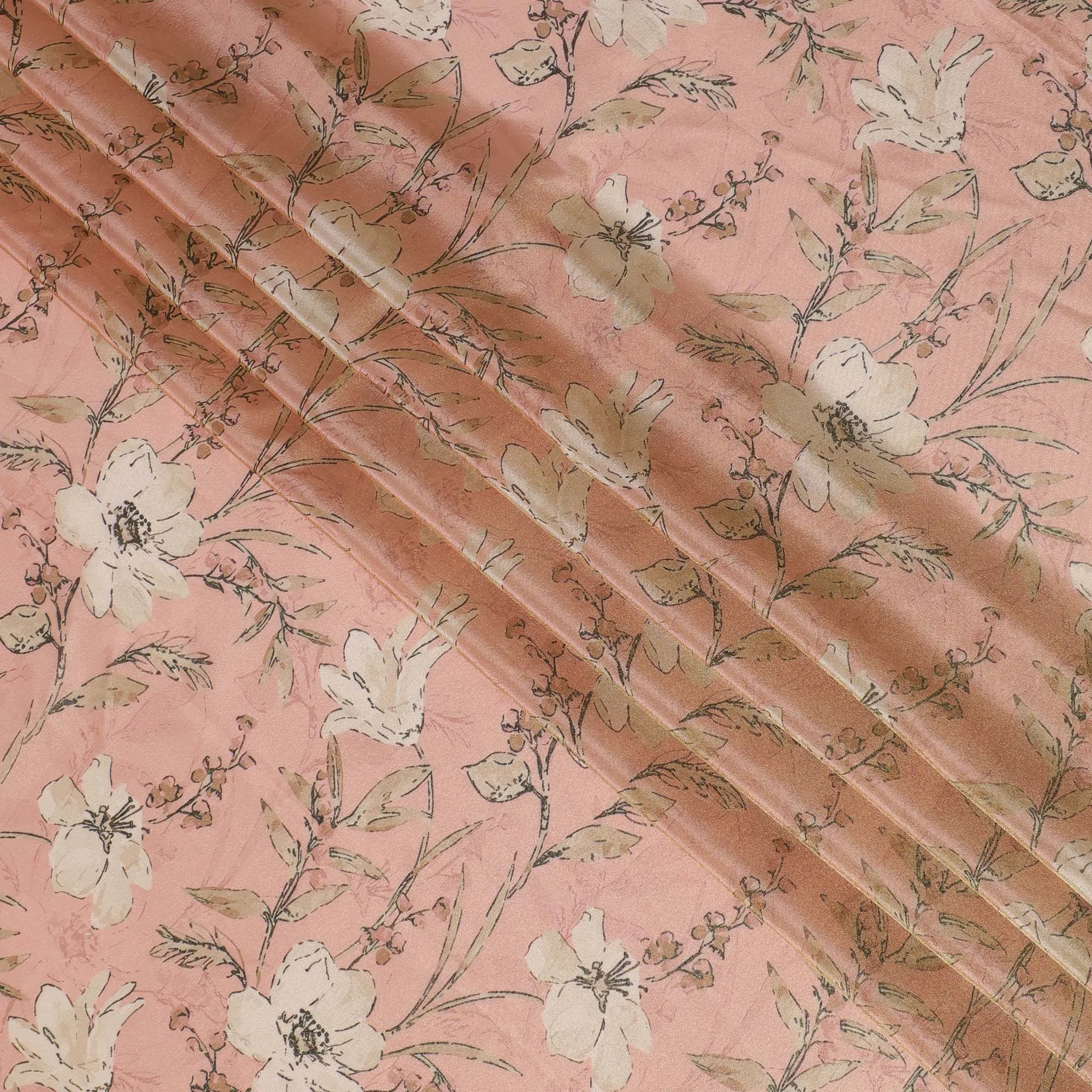 Blush Pink Organza Fabric - Delicate Ink-Drawn Floral Motif, 110cm Width, Subtle Luster-D18942