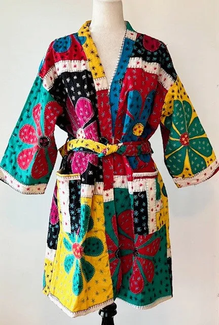 Bold Short Designer Patchwork Kimono. Vibrant Colors.