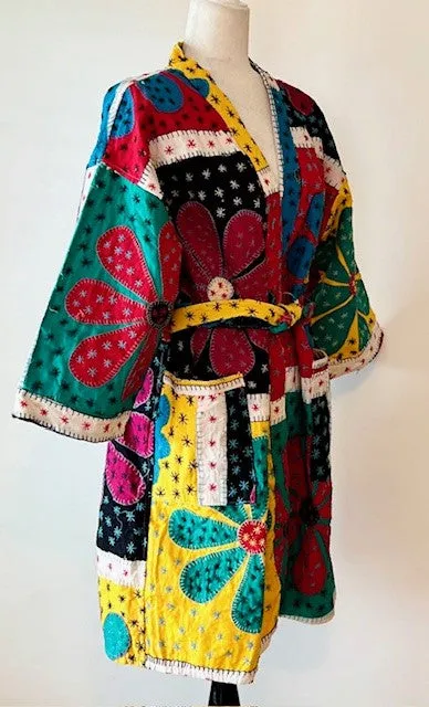 Bold Short Designer Patchwork Kimono. Vibrant Colors.