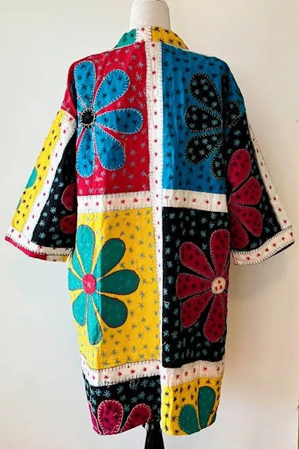 Bold Short Designer Patchwork Kimono. Vibrant Colors.