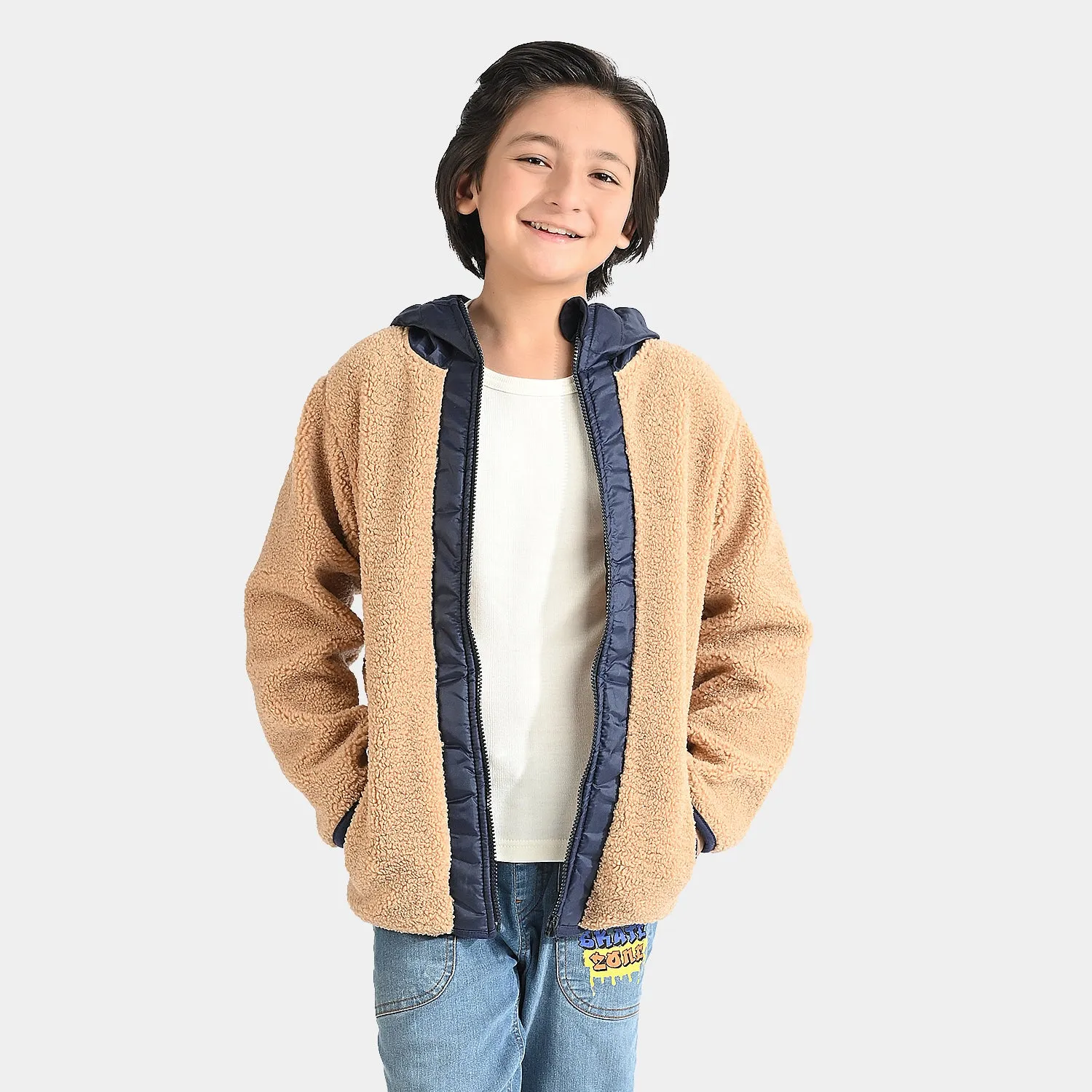 Boys Fleece Knitted Jacket - Brown/Navy