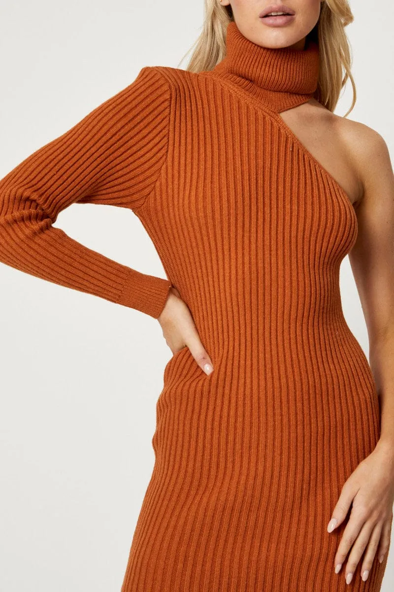 Brown One Shoulder Knit Dress