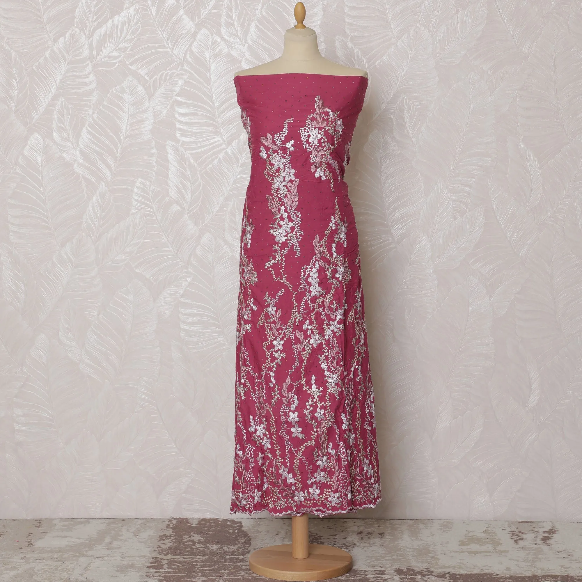 Burgundy Pink Blended Cotton Fabric with Intricate White Embroidery - Last Piece of 3.0 Meters, 110 cm Width-D19788