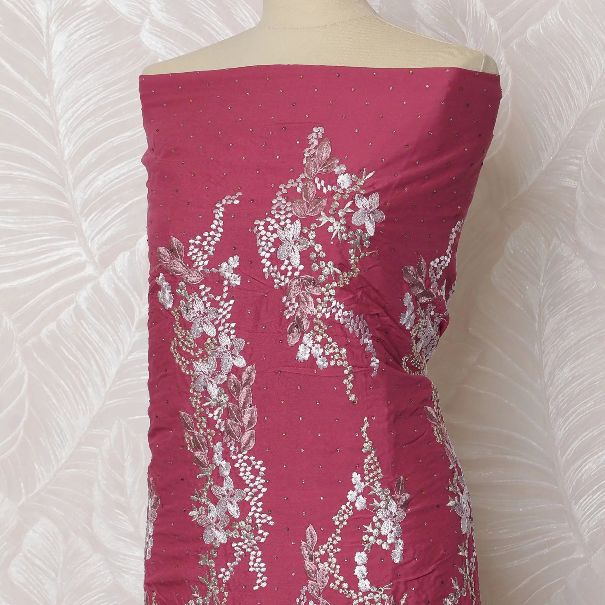 Burgundy Pink Blended Cotton Fabric with Intricate White Embroidery - Last Piece of 3.0 Meters, 110 cm Width-D19788