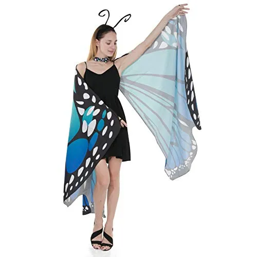 Butterfly Wing Cape Shawl with Lace Mask and Black Velvet Antenna Headband Adult Women Halloween Costume Accessory