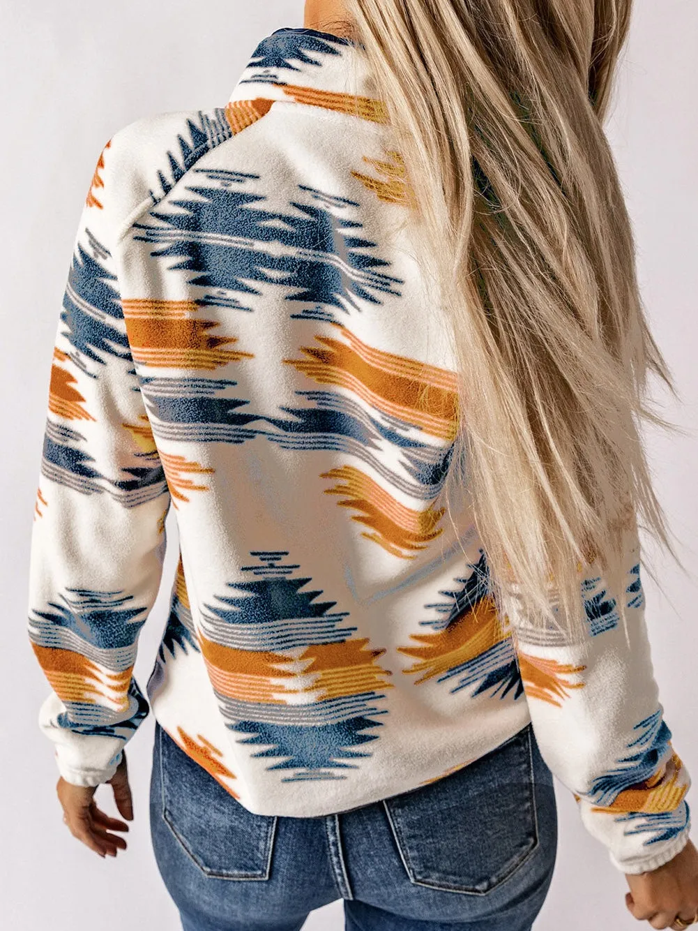 Button-Up Fleece Jacket with Geometric Print