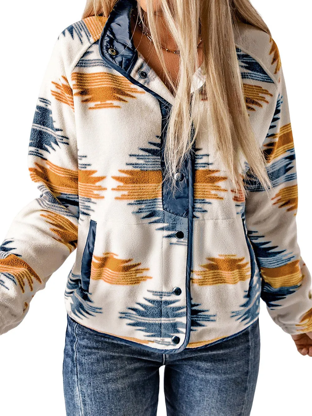 Button-Up Fleece Jacket with Geometric Print