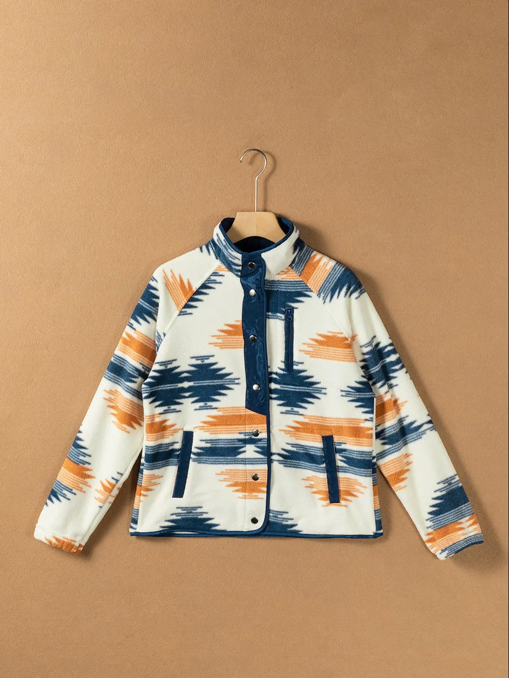 Button-Up Fleece Jacket with Geometric Print