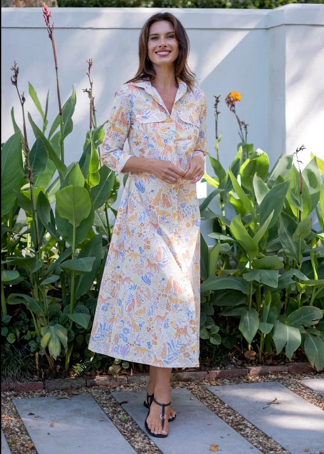 Button up Midi Shirt Dress in Pastel Wildlife Print