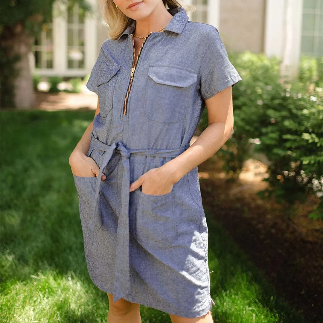 Cape Cod Zip-Up Dress, Chambray Black