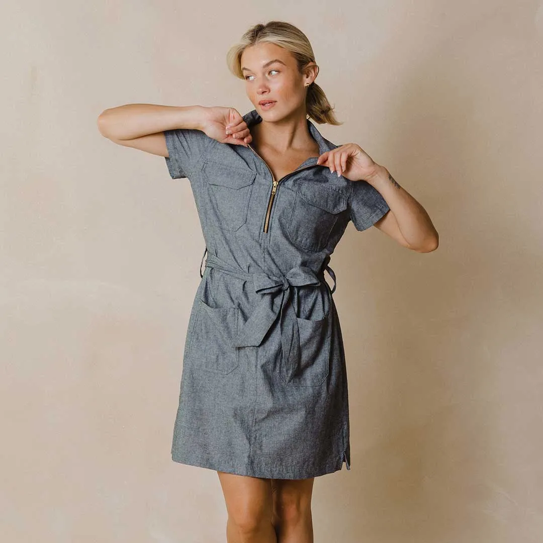 Cape Cod Zip-Up Dress, Chambray Black