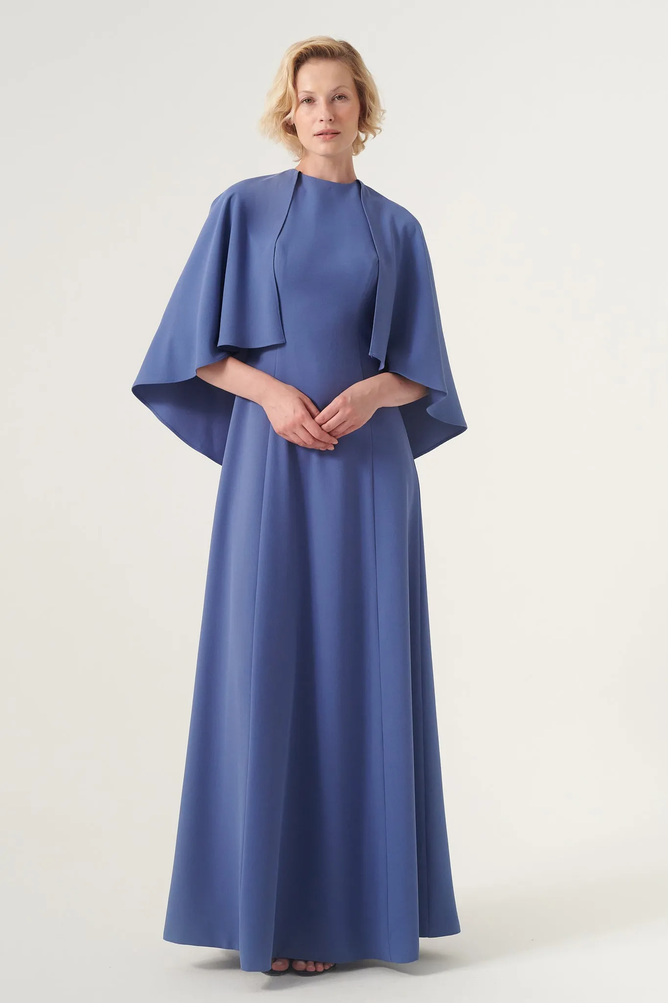 Cape detail jewel neckline long dress