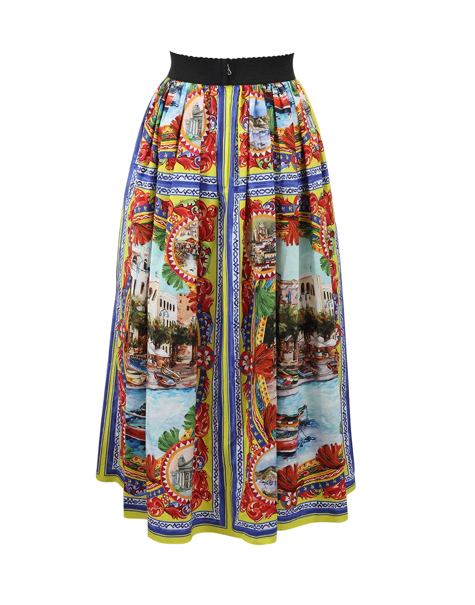 Caretto Print Midi Poplin Skirt