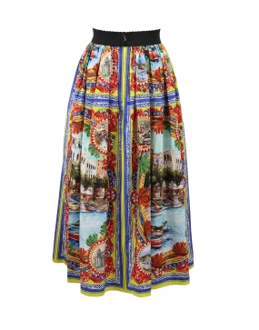 Caretto Print Midi Poplin Skirt