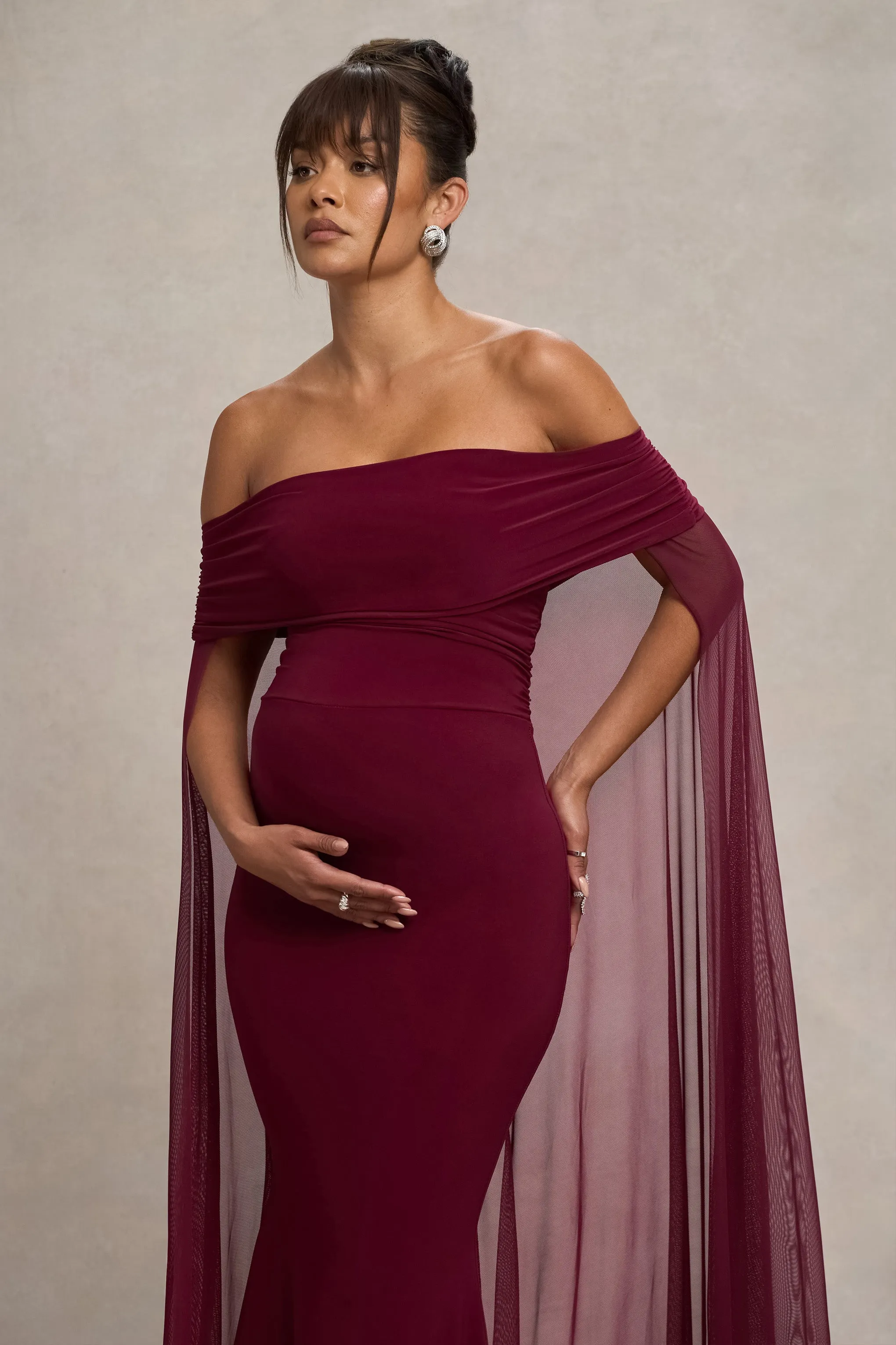 Carlotta | Berry Bardot Maternity Maxi Dress With Chiffon Cape