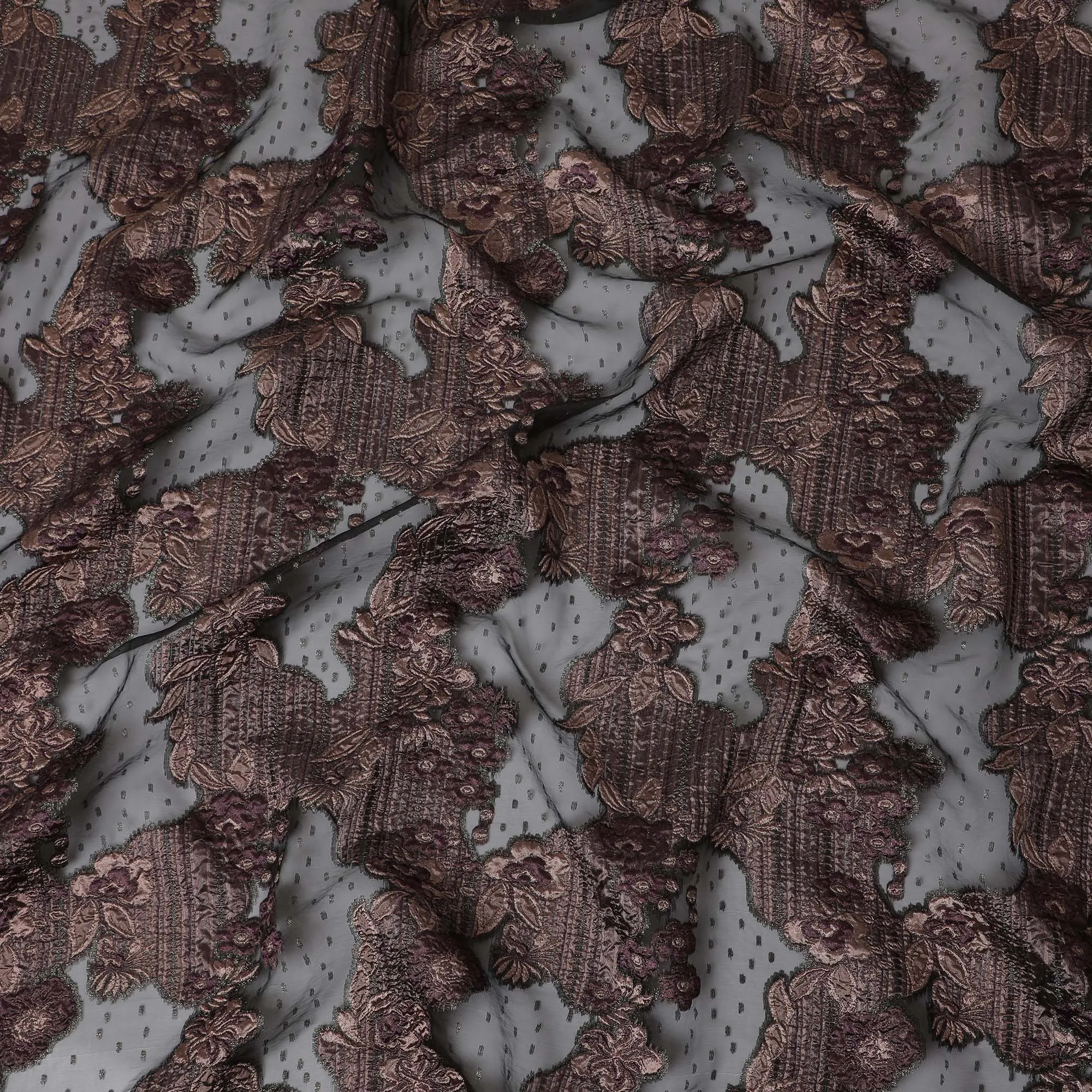 Charcoal and Burgundy Synthetic Brocade Fabric with Textured Design - 140 cm Width-D19808