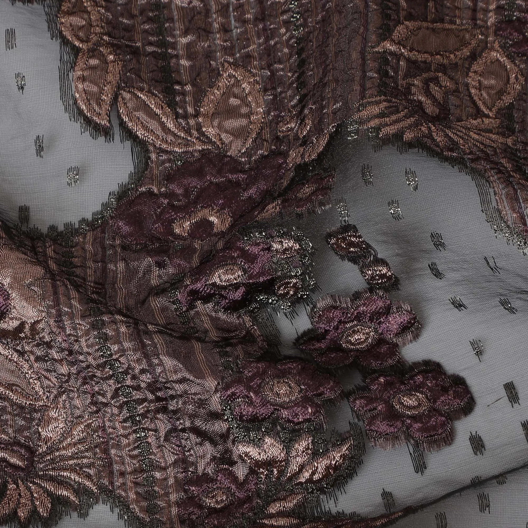 Charcoal and Burgundy Synthetic Brocade Fabric with Textured Design - 140 cm Width-D19808