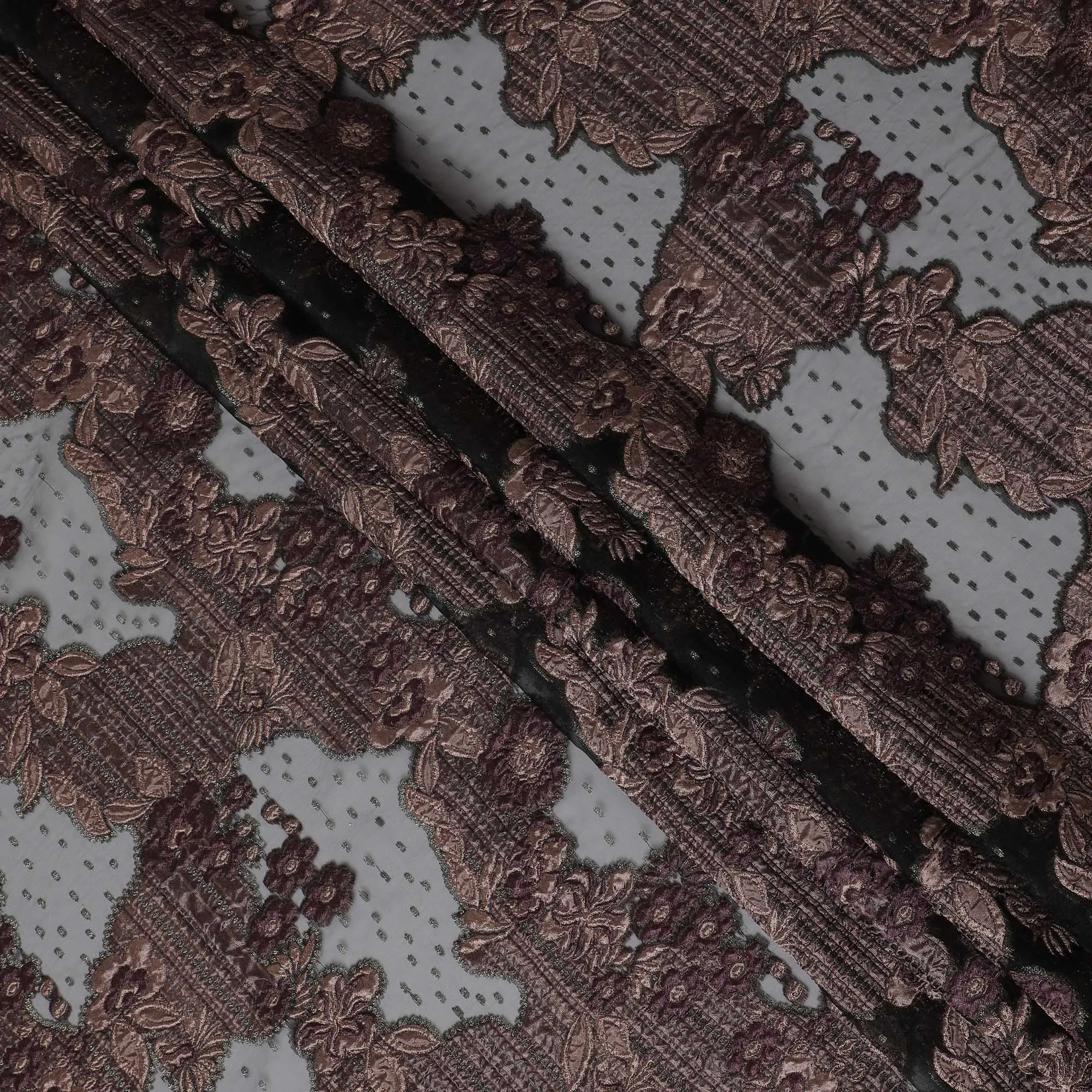 Charcoal and Burgundy Synthetic Brocade Fabric with Textured Design - 140 cm Width-D19808