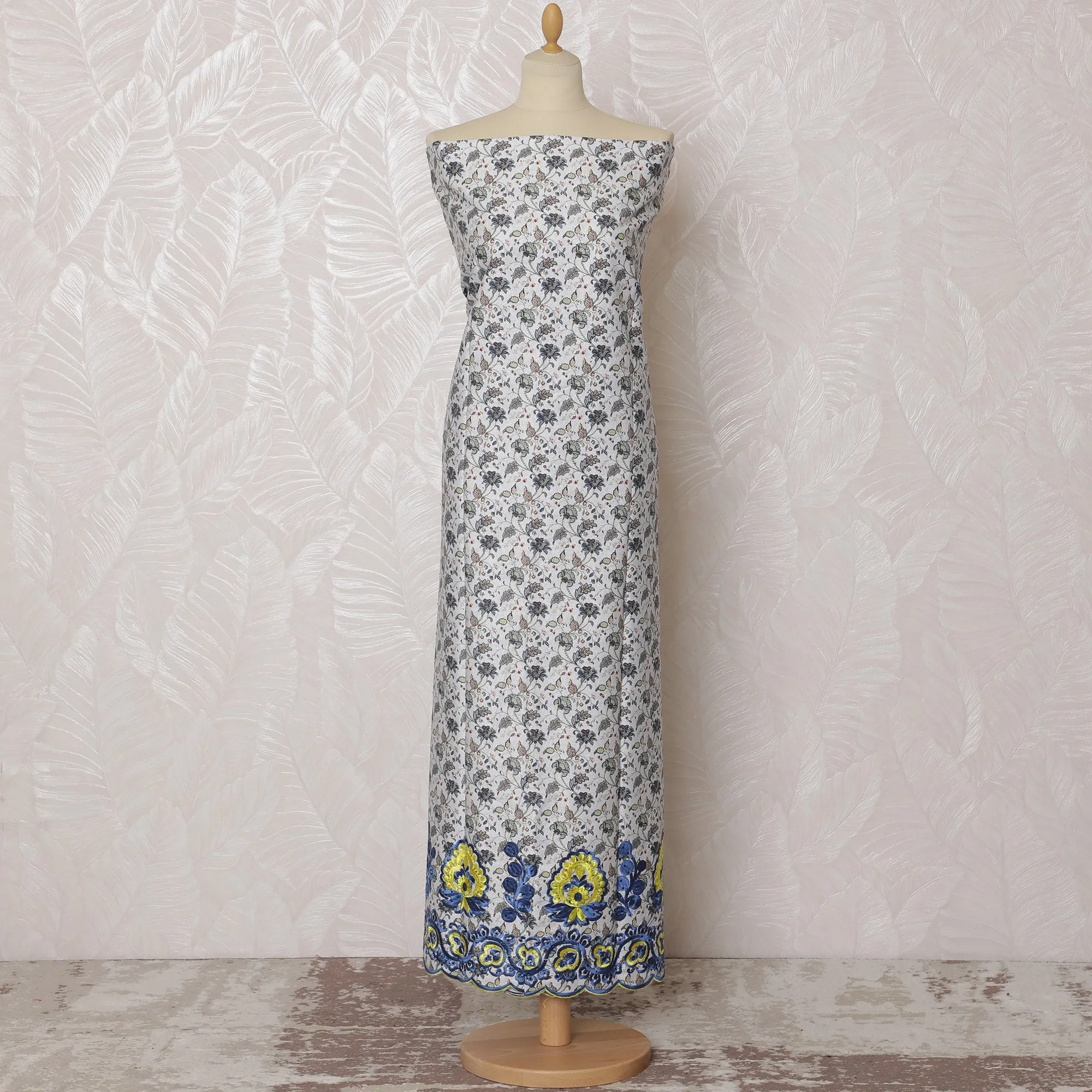 Chic White Blended Cotton Fabric with Blue and Yellow Floral Embroidery - Last Piece of 3.0 Meters, 110 cm Width-D19779