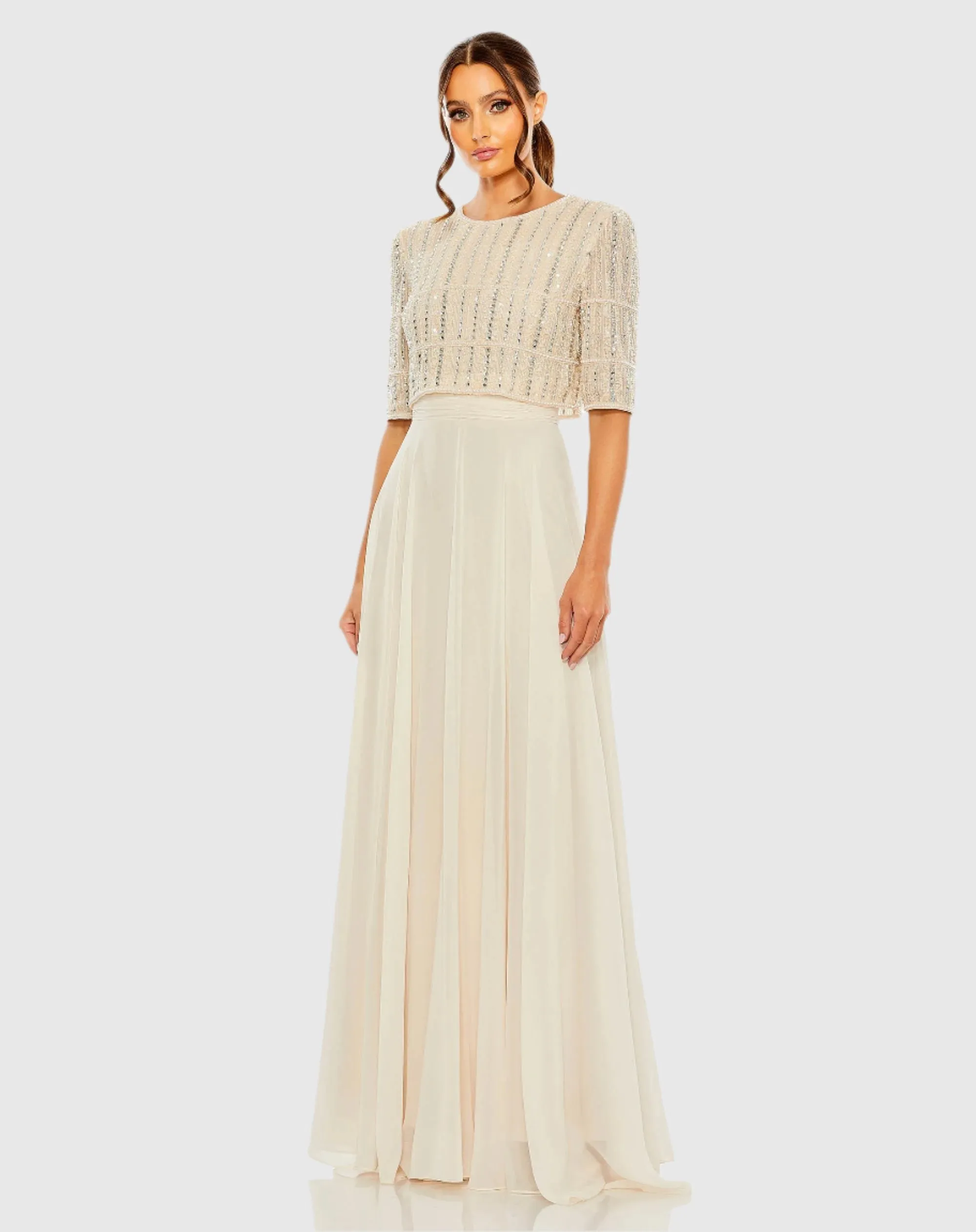 Chiffon Gown w/ Fully Beaded 3/4 Sleeve Top