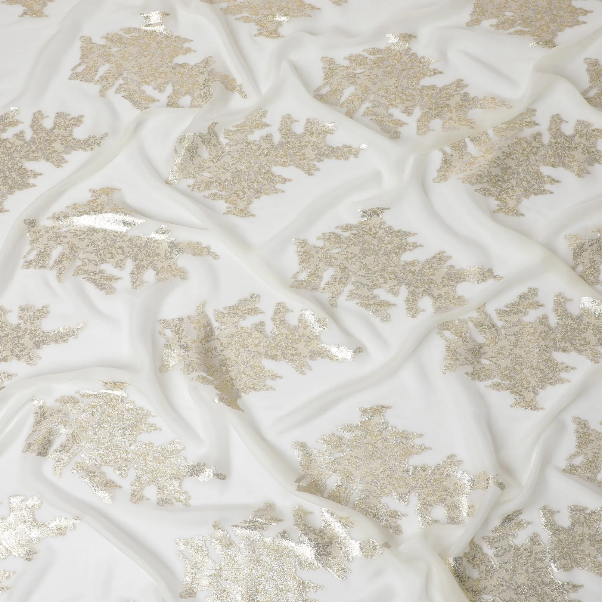 Classic Ivory Silk Chiffon Fabric with Gold Foil Detailing, 140cm Wide, Elegant South Korean Textile-D17784