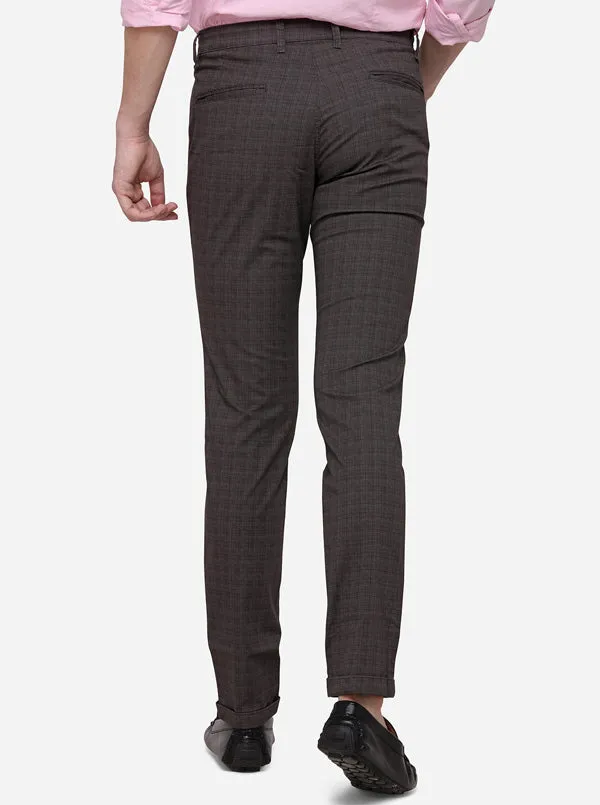 Coffee Super Slim Fit Checked Casual Trouser | Greenfibre