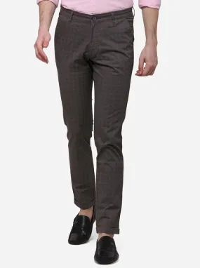 Coffee Super Slim Fit Checked Casual Trouser | Greenfibre