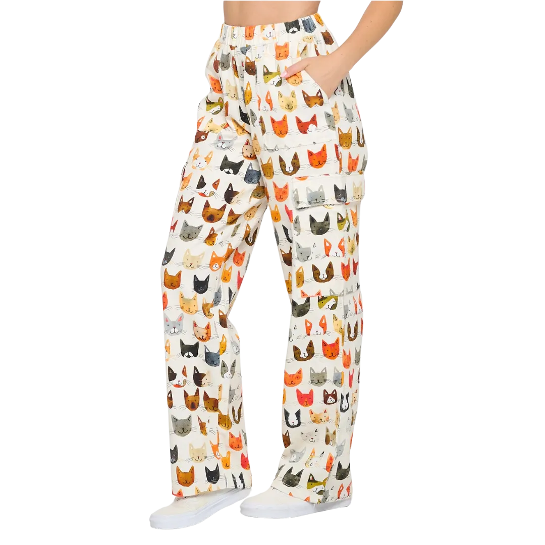 Colorful Cat Face Print Cargo Pant