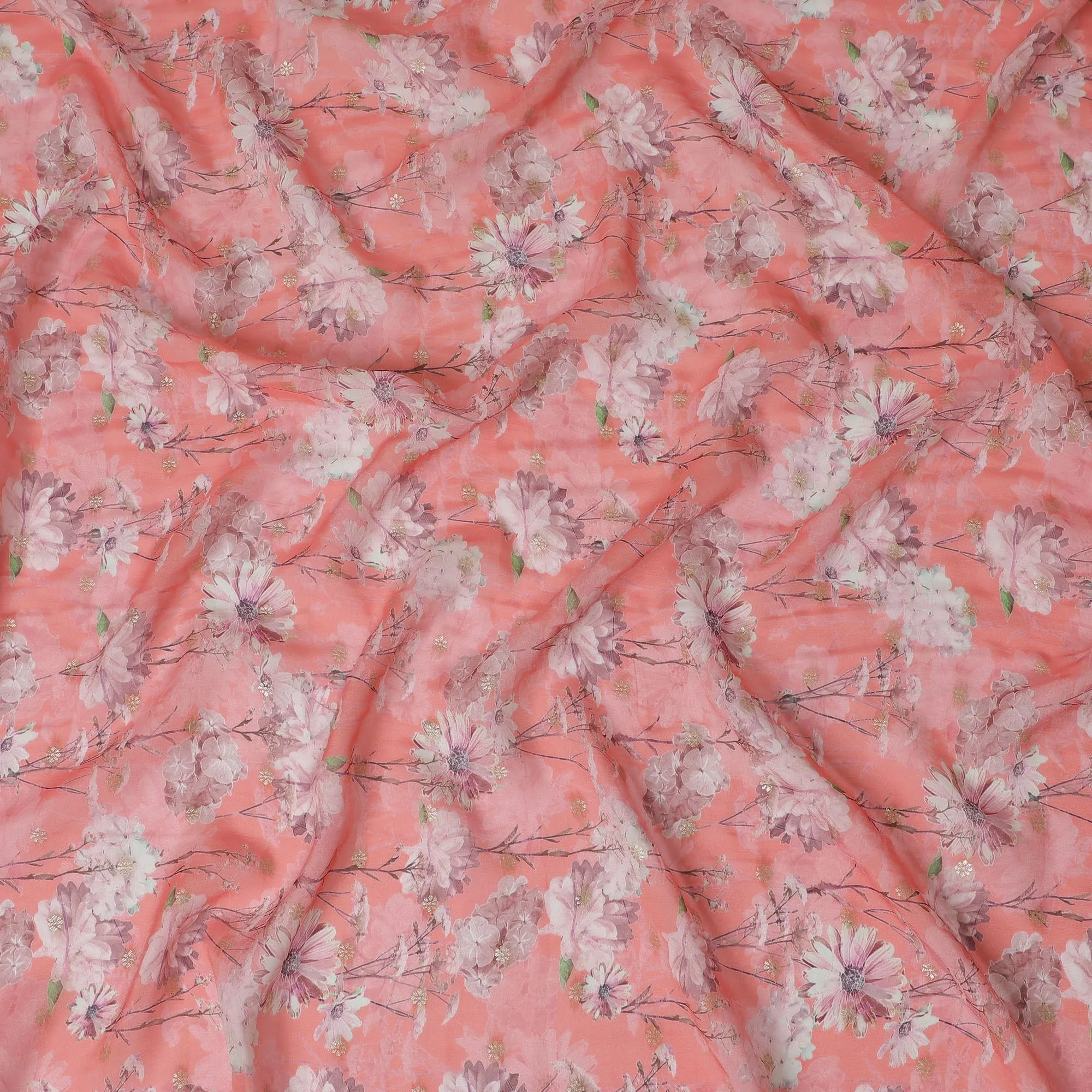 Coral Pink Synthetic Organza Fabric with Soft Floral Design, 110 cm Width-D19700