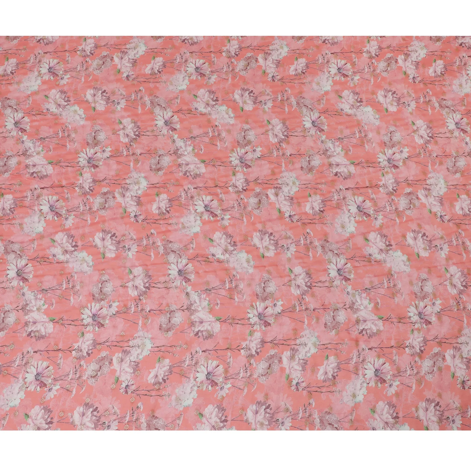 Coral Pink Synthetic Organza Fabric with Soft Floral Design, 110 cm Width-D19700