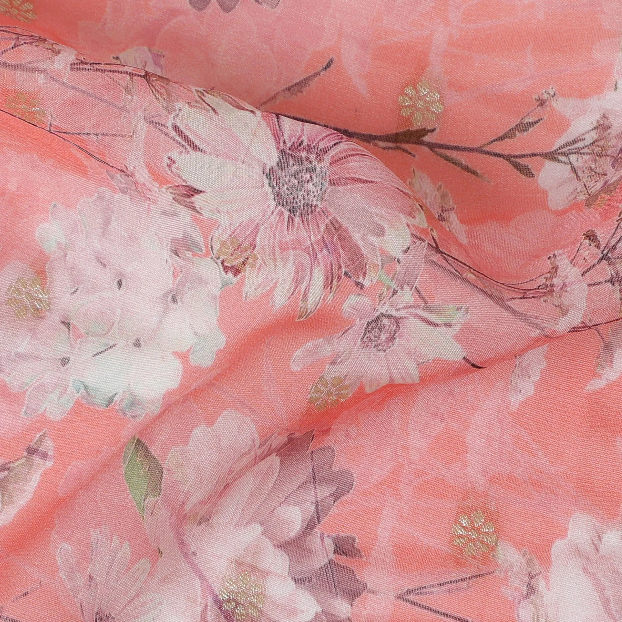 Coral Pink Synthetic Organza Fabric with Soft Floral Design, 110 cm Width-D19700