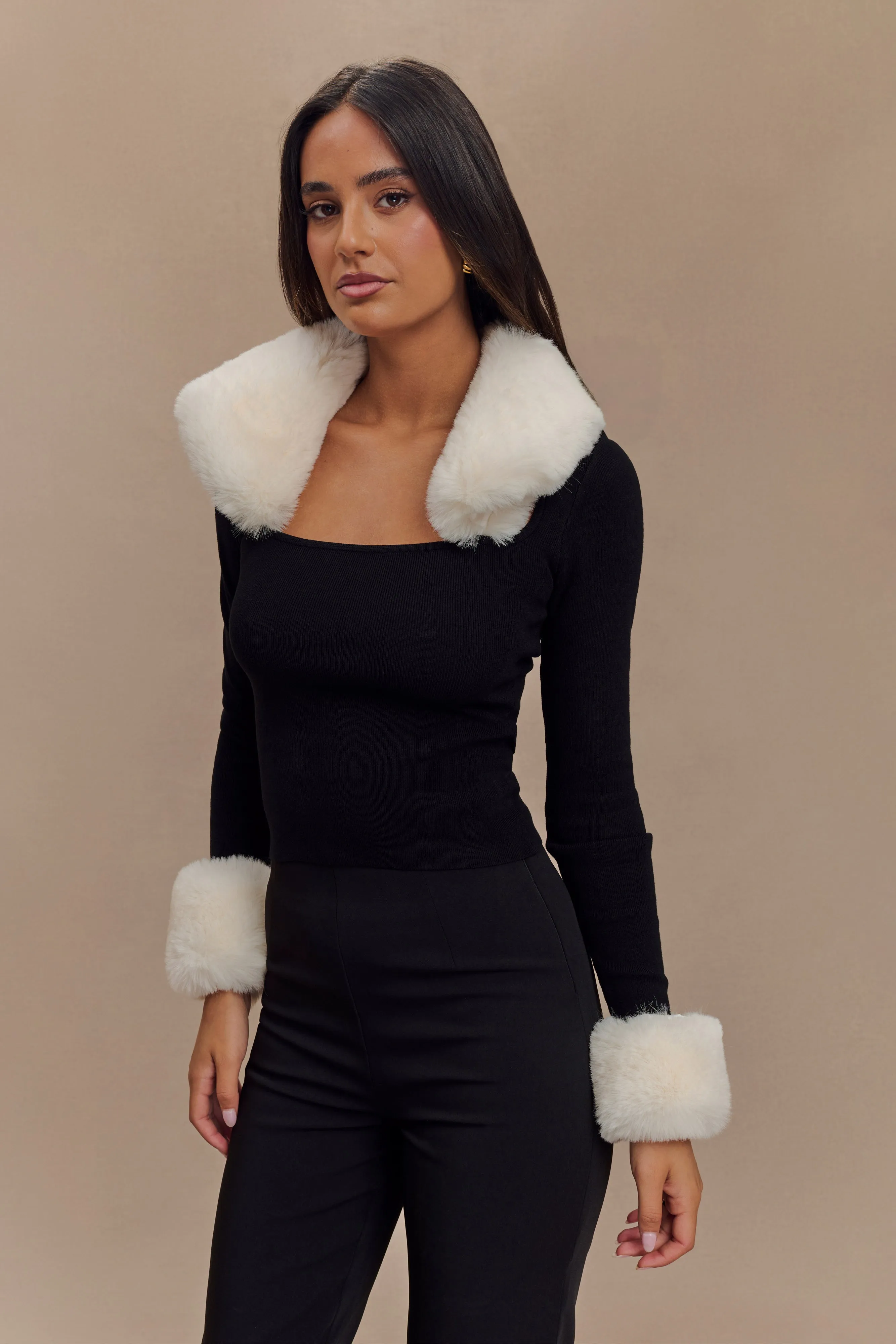 Cressida Faux Fur Knit Long Sleeve Top - Black/White