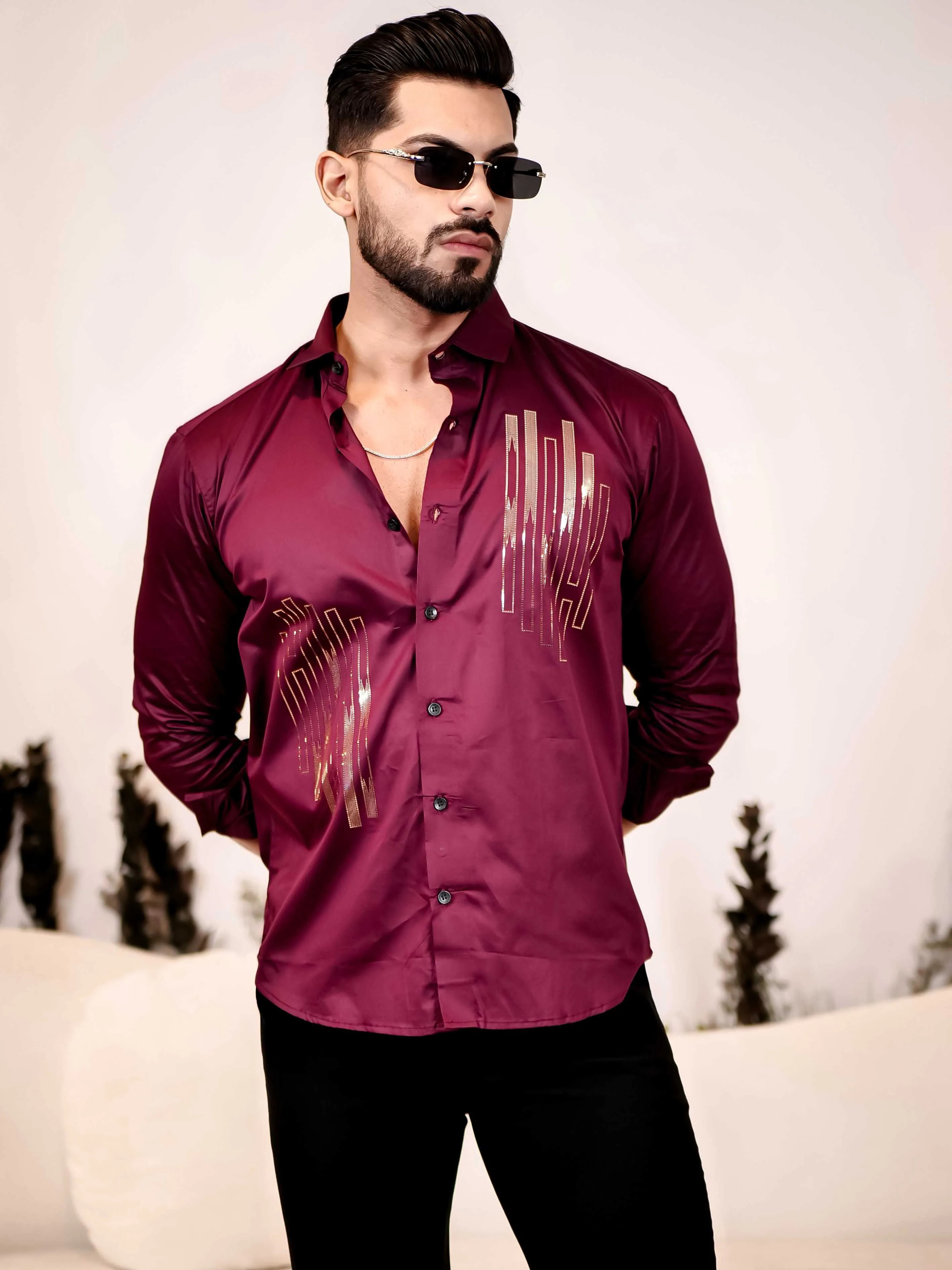 Dance Wine Sequence Club Wear Satin Cotton Party Shirt