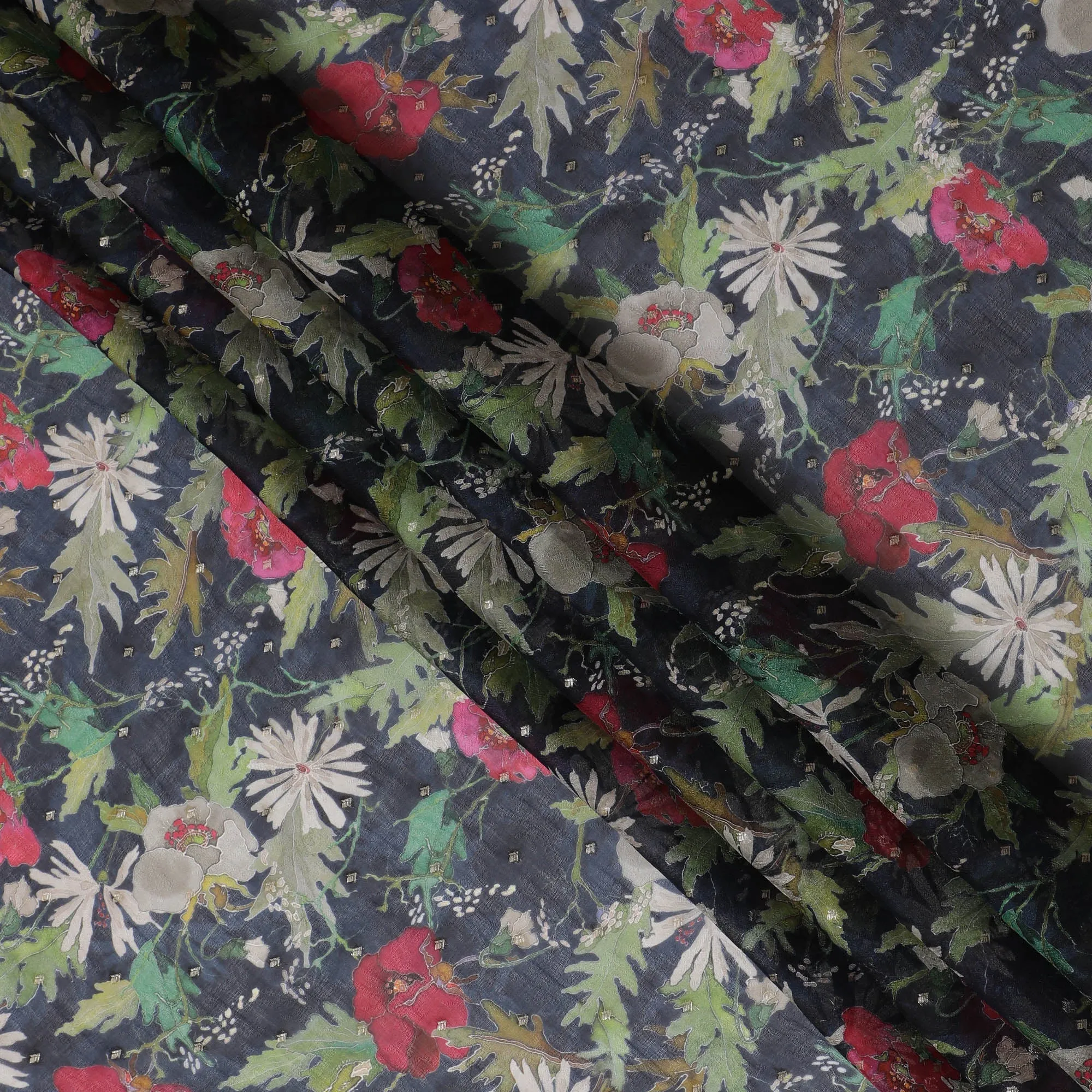 Dark Blue and Red Floral Synthetic Organza Fabric - 110 cm Width, Made in India-D19651