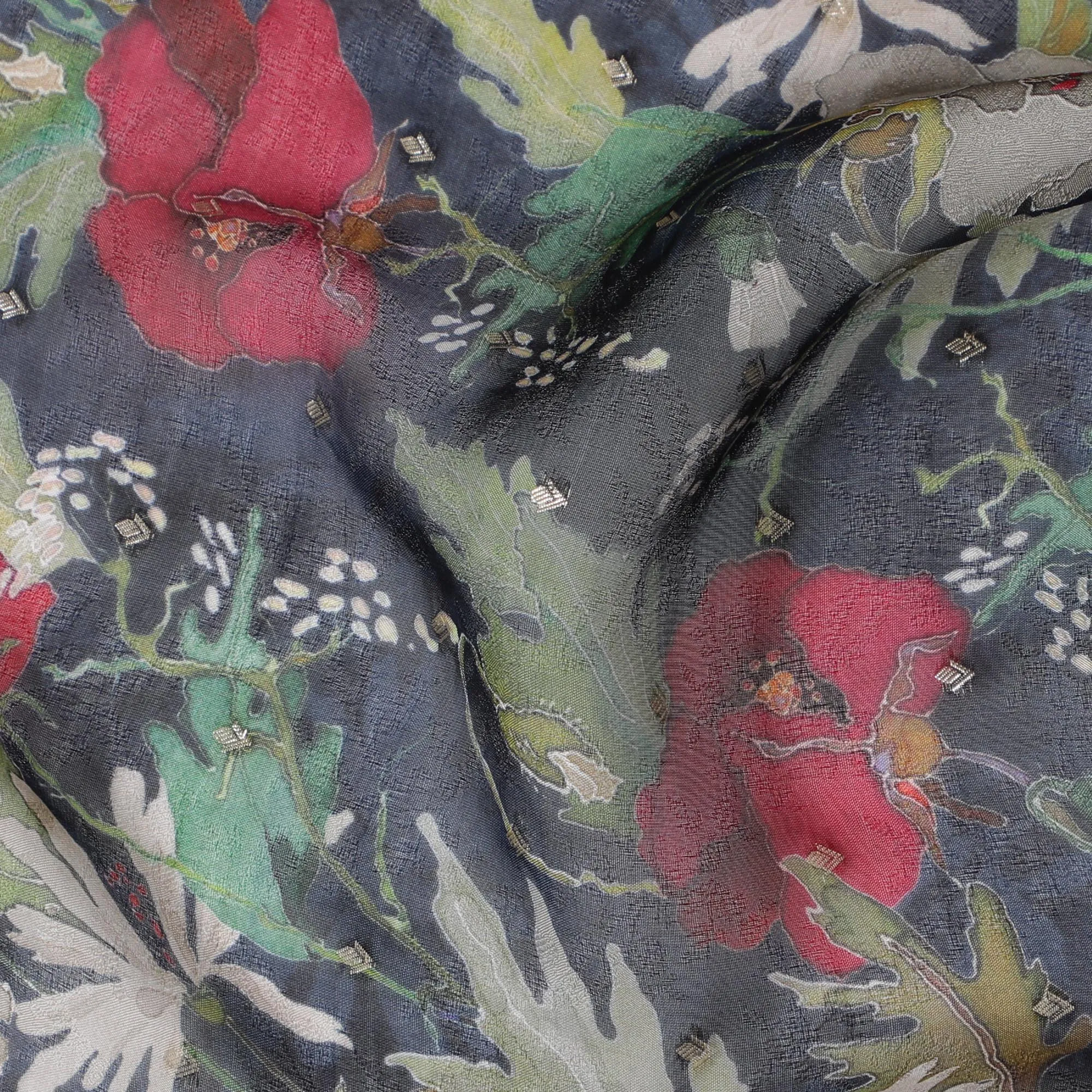 Dark Blue and Red Floral Synthetic Organza Fabric - 110 cm Width, Made in India-D19651