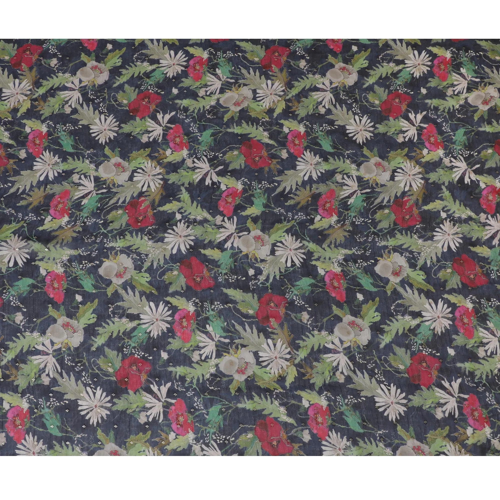 Dark Blue and Red Floral Synthetic Organza Fabric - 110 cm Width, Made in India-D19651