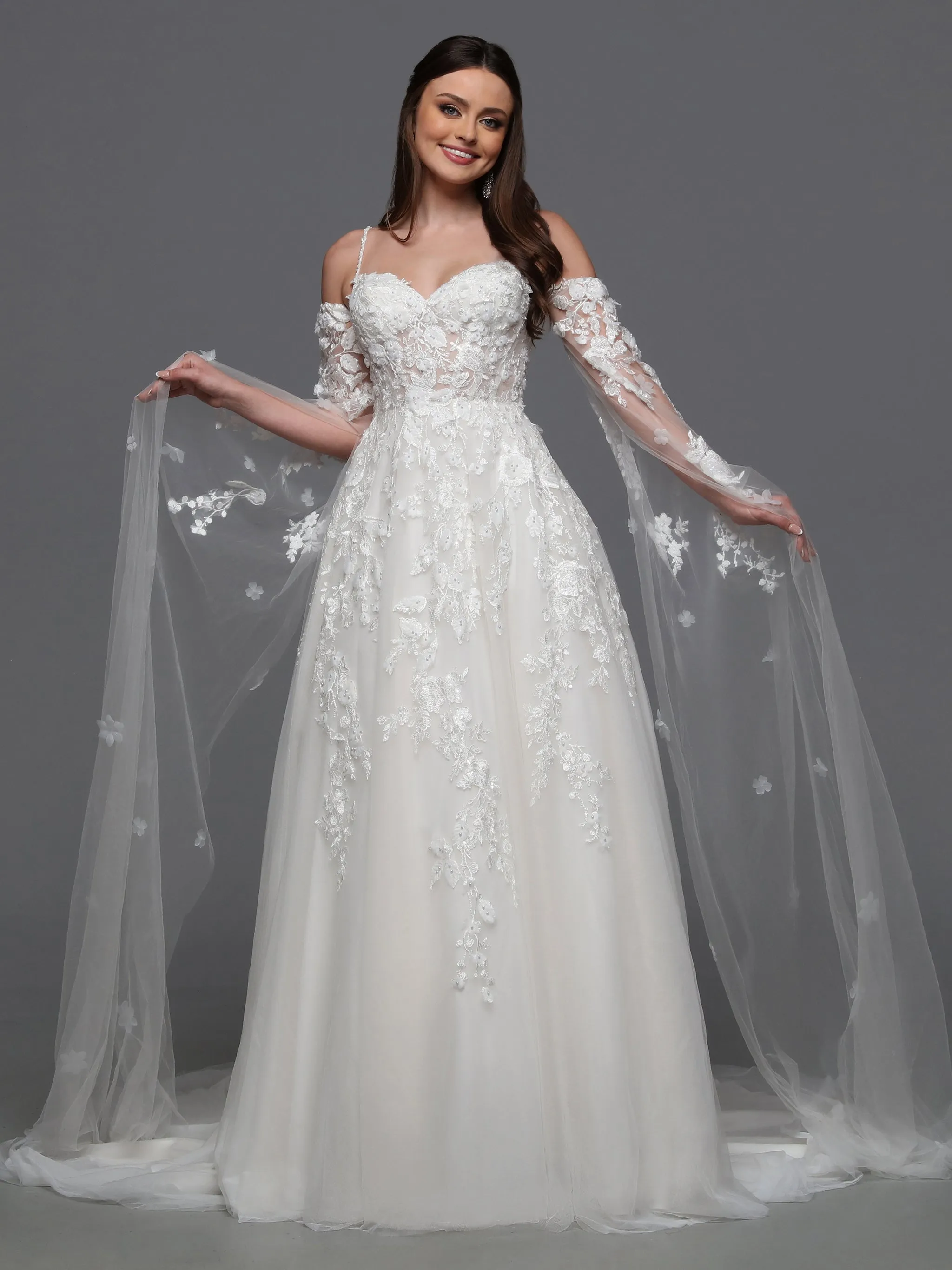 Davinci Bridal 50834 3D Lace A Line Wedding Dress Cape Sleeves Sheer Beaded Bridal Gown