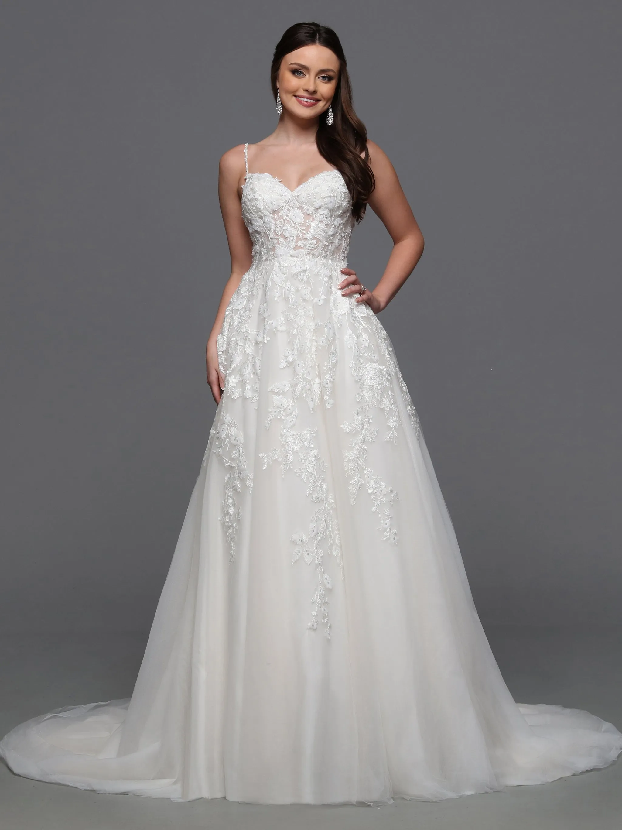 Davinci Bridal 50834 3D Lace A Line Wedding Dress Cape Sleeves Sheer Beaded Bridal Gown