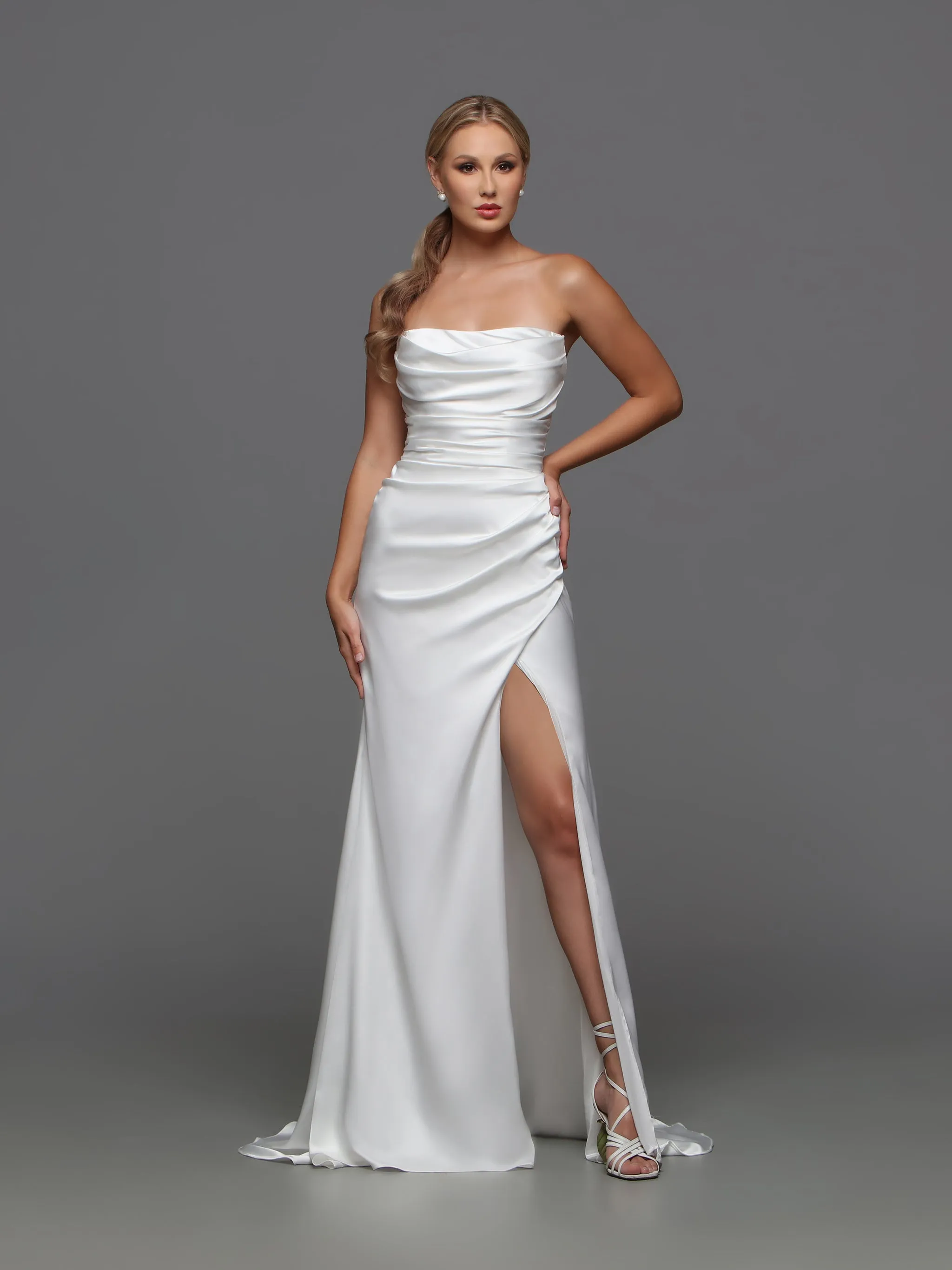 Davinci F125 Fitted Satin Wedding Dress off the Shoulder Cape Bridal Gown Slit Strapless