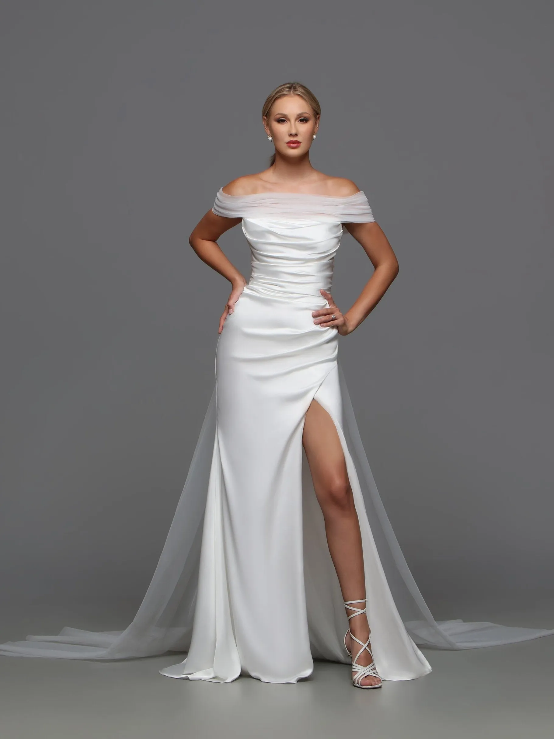 Davinci F125 Fitted Satin Wedding Dress off the Shoulder Cape Bridal Gown Slit Strapless