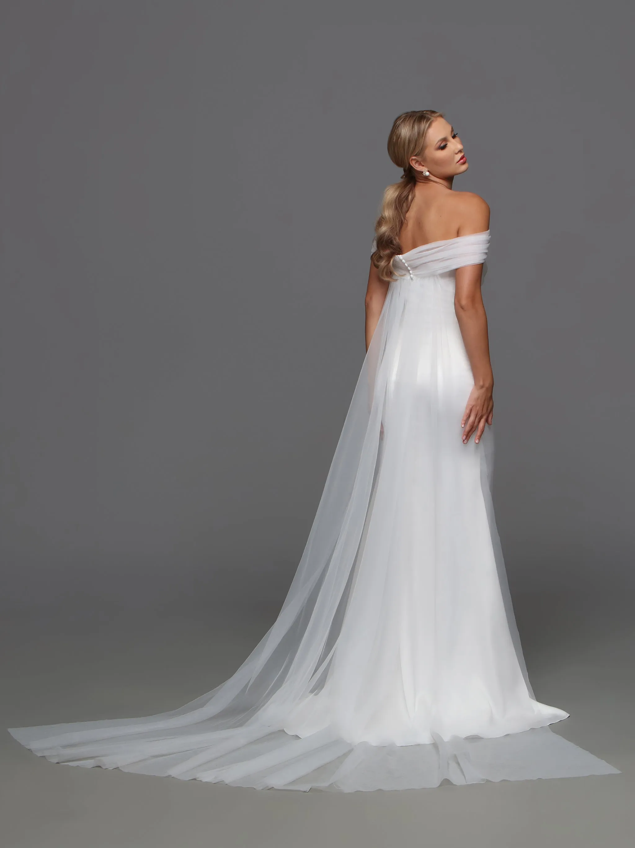 Davinci F125 Fitted Satin Wedding Dress off the Shoulder Cape Bridal Gown Slit Strapless