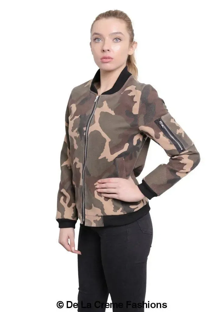 De La Creme - Womens Camo Zip-Thru Varsity Bomber Jacket