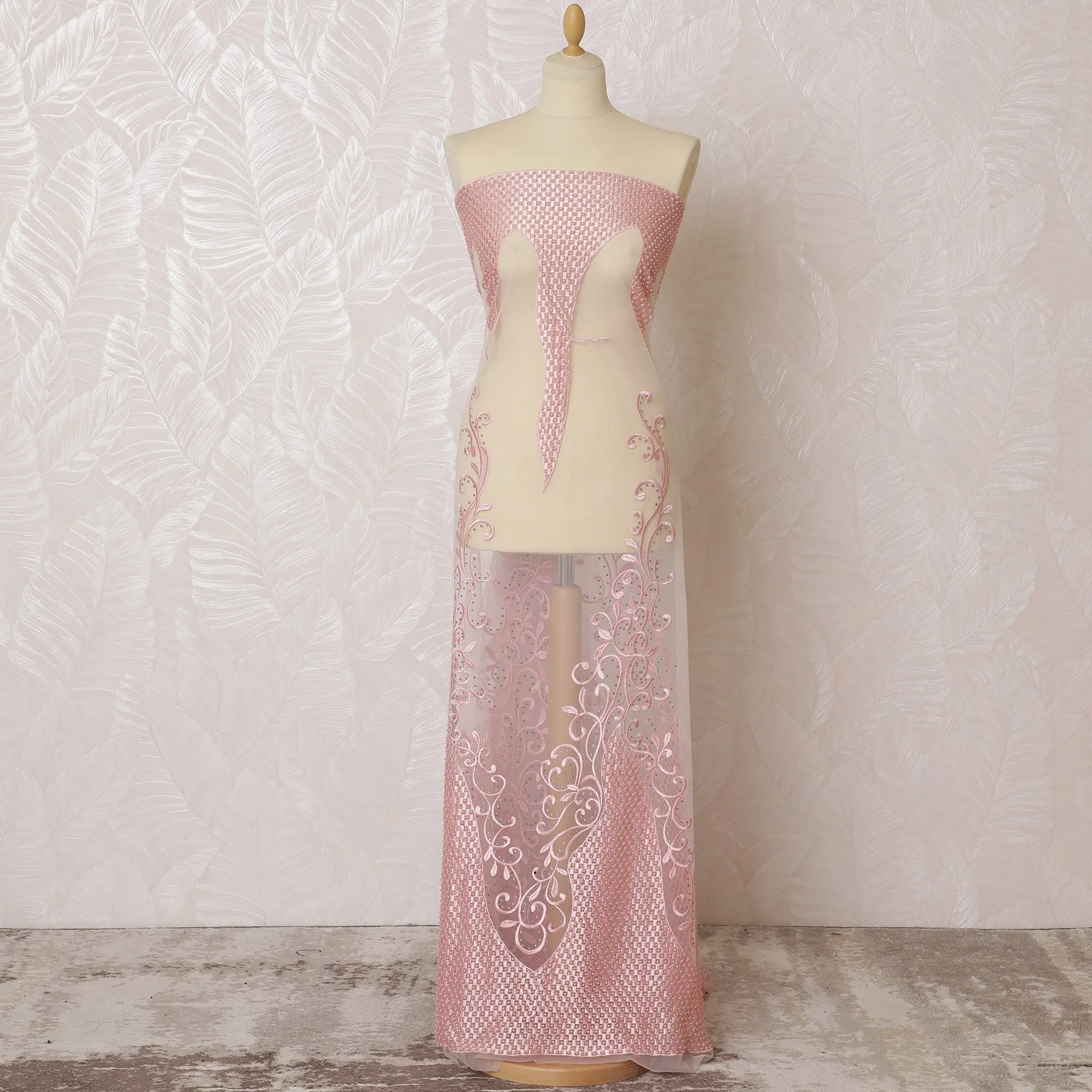 Delicate Pink Nylon Tulle Fabric with White Embroidery - 140cm Wide-D19273