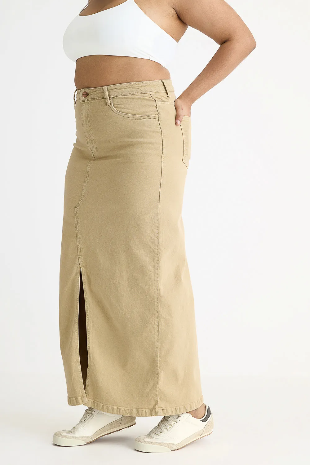 Denim Earthy Beige Slit Midi Skirt