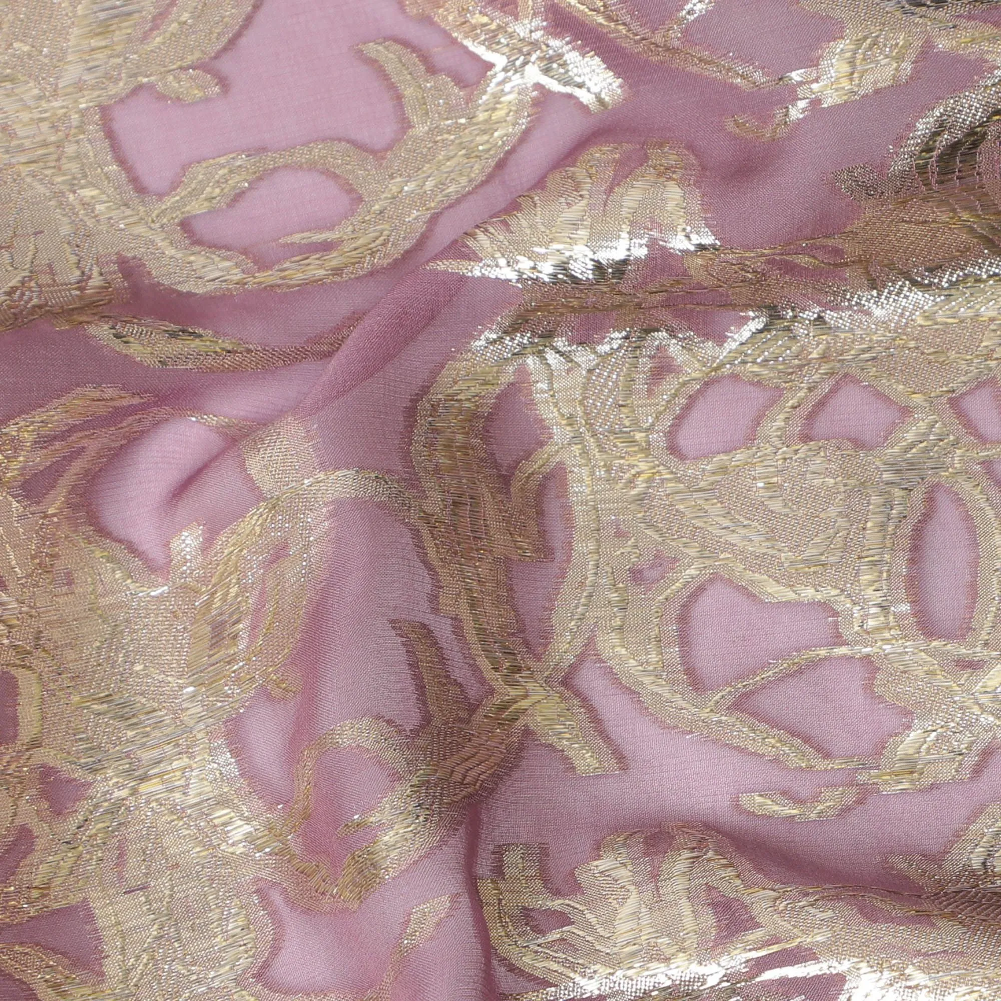 Dusty Rose Pure Silk Chiffon with Golden Lurex Baroque, 110cm Width - Finely Crafted in South Korea-D17906