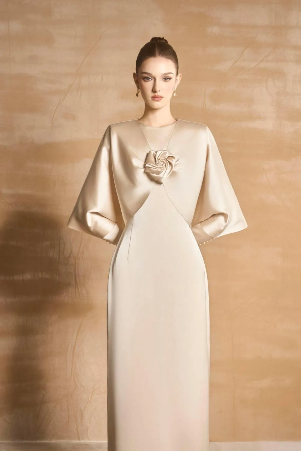 Earline Sheath Cape Sleeved Satin Floor Length Ao Dai